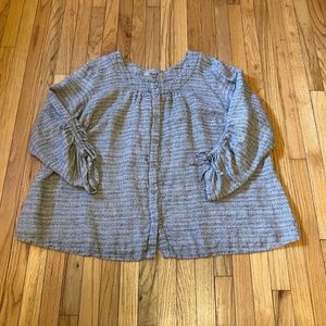 Flax linen blouse 2G 2X black/white with buttons, ruched sleeves